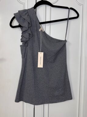 $195 NWT Rebecca Taylor Charcoal Grey One-Shoulder Ruffle Knit Top